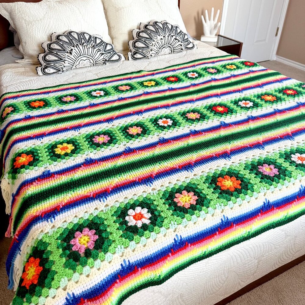 VTG Handmade Rainbow Dopamine Spring Flower Granny Square Afghan Blanket 67x50